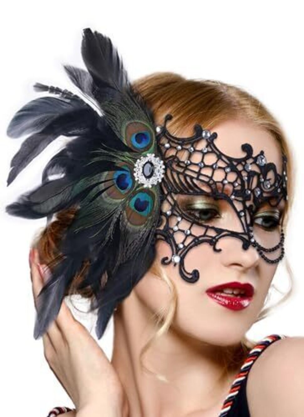 3368 Halloween Masquerade Masks -2026 Black Peacock Feather Lace Mask